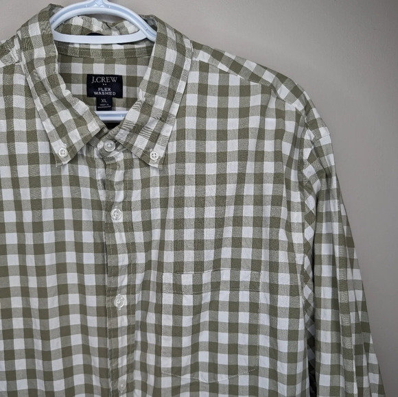 J Crew Slim Flex Washed Tan & White Checkered Plaid Gingham XL Mens Button Down - Picture 3 of 9